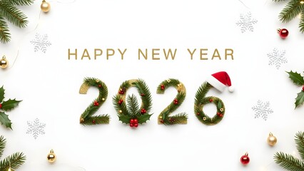 2026 Happy New Year Greeting with Pine Wreath, Santa Hat, and Holiday Decorations on White Background
