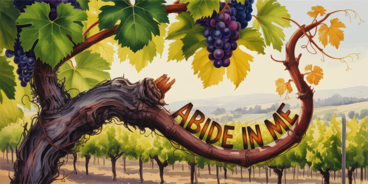 Abide in Me Christian vineyard illustration with grape vine branches, purple grapes and lush green leaves over scenic countryside