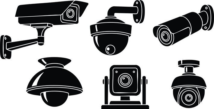 Flat design side view security camera icons set showing six cctv types including dome bullet turret wall mount and box style silhouettes on white background isolated