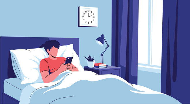 Young man relaxing in bed late at night, using his smartphone before going to sleep. This illustration depicts modern habits, technology use in the bedroom, and issues like insomnia or screen time.