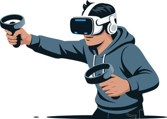 Virtual reality game player with headset and controllers holding and play game © MDMUKTADIR