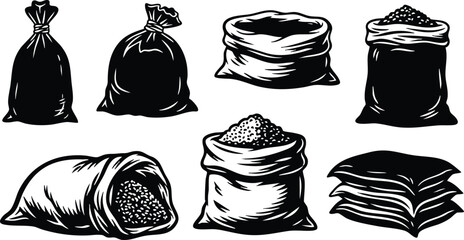 Engraving style close up of assorted sacks and burlap bags filled with grain flour and seeds some tied some open with spilling contents in rustic pantry