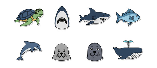Marine animals set cartoon illustrations on dark background