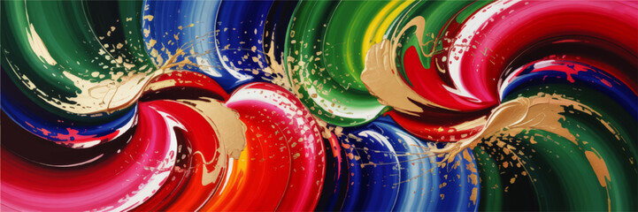 Vibrant multicolor abstract paint swirl background with golden splashes, dynamic curved brush strokes for modern art and design