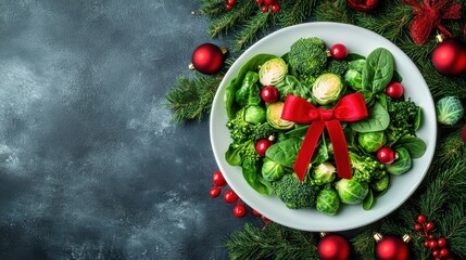 Fresh green salad on plate with red bow, festive Christmas background, Veganuary holiday theme with vibrant seasonal greens and cheerful plant based diet