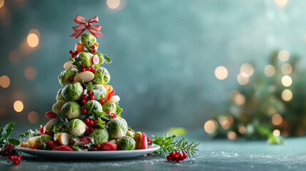 Veganuary winter challenge. Christmas tree made from Brussels sprouts and vegetables, seasonal renewal and plant based healty concept