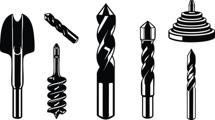 Flat design close up row of drill bits and auger bits in silhouette on white background high contrast industrial tool set vector icons technical illustration collection
