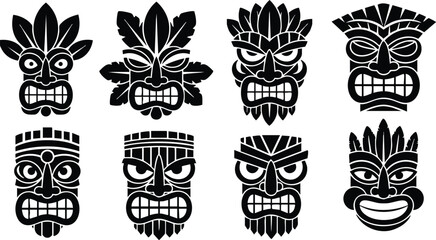 Flat design set of eight tribal tiki mask vector silhouettes frontal and three quarter faces bold black graphic shapes ornamental facial carvings symmetrical arranged grid isolated