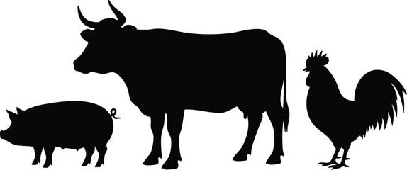 Silhouette vector art side view farm animal trio standing in a row high contrast black shapes on white background minimalist graphic clip art editable scalable vectorized