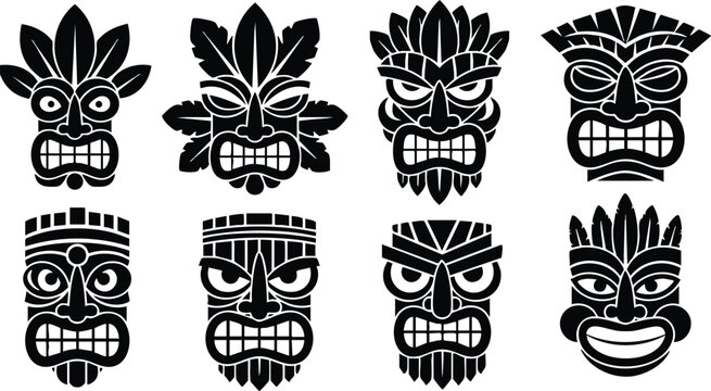 Flat design set of eight tribal tiki mask vector silhouettes frontal and three quarter faces bold black graphic shapes ornamental facial carvings symmetrical arranged grid isolated