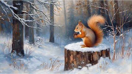 Red squirrel in winter forest nature illustration oil painting; vintager style painting of wildlife 