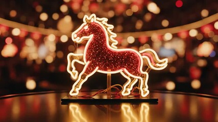 Sparkling neon and glitter horse light decoration on a reflective surface against a warm, festive bokeh background, ideal for luxury events and holiday commercials.
