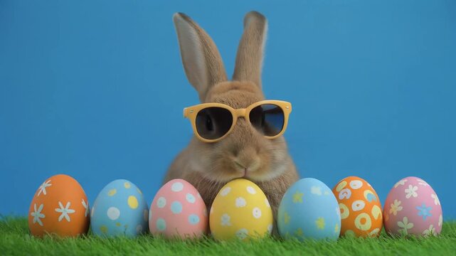 Adorable Easter Bunny Wearing Sunglasses Sitting in Front of Colorful Decorated Eggs on Green Grass