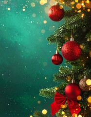 Decoraci&oacute;n navide&ntilde;a elegante con ramas de abeto, bolas rojas ornamentales y bayas, sobre un fondo verde con luces doradas desenfocadas. Composici&oacute;n festiva, c&aacute;lida y equilibrada, ideal para dise&ntilde;os de