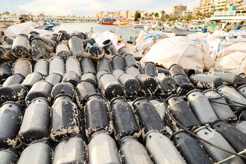 Stacked Traps to fish octopus the pier of Santa Pola town