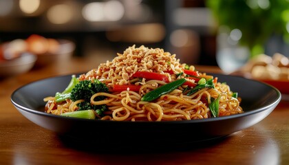 Close-up of glossy Indonesian stir-fried noodles elegantly plated, showcasing rich flavors, vibrant garnish, and authentic Asian cuisine in a warm, restaurant-style food presentation.