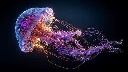 Vibrant bioluminescent jellyfish illuminated with purple and orange hues in dark ocean depths