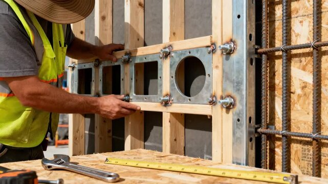 Close view of a worker aligning and securing a skeleton wall frame with integrated openings illustrating the detailed preparation phase in both wood and steel structural systems.