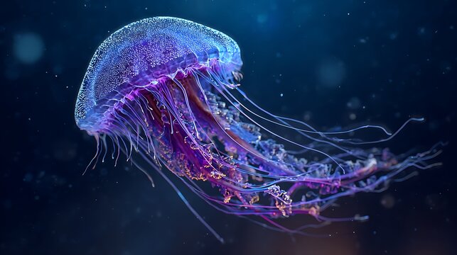 Bioluminescent jellyfish pulsating with vibrant purple and blue light in deep ocean waters - Powered by Adobe