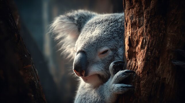 A sleepy koala clings to a tree trunk bathed in warm sunlight