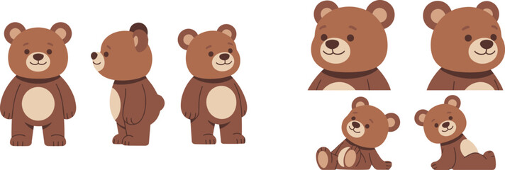 Cute cartoon teddy bear character set, adorable bear poses, playful children’s illustration, nursery design elements, kids graphics, kawaii animal artwork
