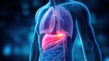 Detailed Illustration of Human Torso Showing Internal Organs and Highlighting Liver in Red to Indicate Inflammation