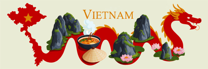 Vietnam travel illustration with red dragon, map, rice hat, pho soup, limestone mountains and lotus flowers, Asian tourism banner