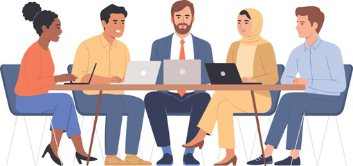 Diverse business team working together at table with laptops, office meeting collaboration, professional coworkers discussing project in modern workplace illustration