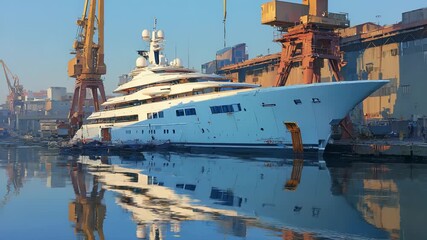 Luxury Superyacht Docked at Shipyard with Cranes and Reflections in Calm Water, Illustrating Maritime Industry and Affluence