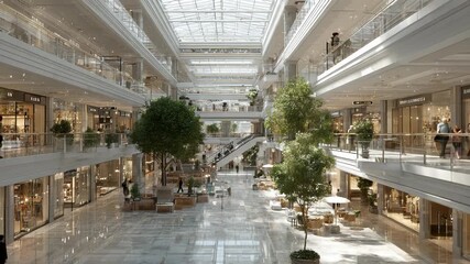 Luxurious Multi-Level Shopping Mall Interior with Natural Light, Retail Stores, Green Trees, and Escalators, Architecture and Design. - Powered by Adobe