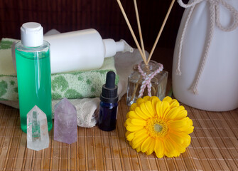Personal hygiene items for spa, towels on a table close-up