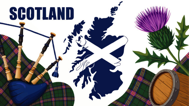 Scotland illustration with map and flag, tartan pattern, bagpipes, purple thistle flower and whisky barrel on transparent background