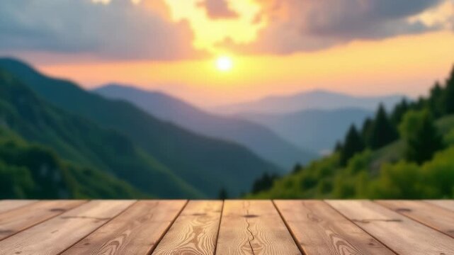 Video A wooden table with the warm glow of sunset in the background, ideal for use in lifestyle and travel