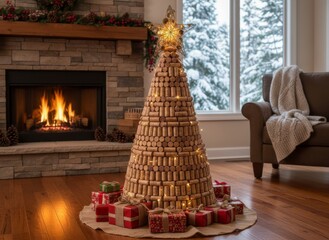 Cozy Christmas Scene: Cork Christmas Tree with Gifts by Fireplace, Winter Window View, and Relaxing Interior Setting