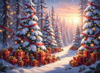 Enchanting Winter Wonderland: Snow-Covered Trees Adorned with Gifts Under a Warm, Festive Sunset Glow