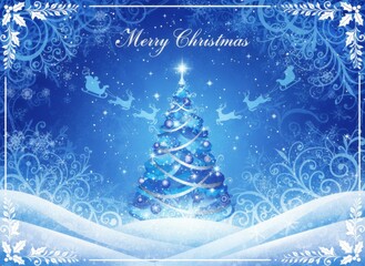 Festive Christmas Scene with Blue Tree, Sleigh and Reindeer Against a Decorative Snowflake Background