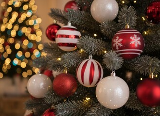 Festive Christmas Tree Decorated with Red and White Ornaments, Glowing Lights Creating a Warm Holiday Atmosphere