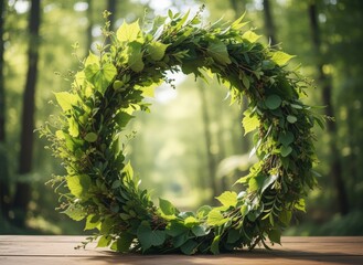 Green Foliage Wreath Resting on Wooden Table, With a Soft, Blurry Forest Background Bathed in Natural Light