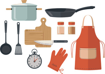 -Flat minimalist vector illustration of kitchen utensils, cooking tools, cookware, cutting board, apron, spices and accessories for culinary food preparation