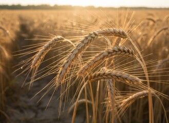 Golden Hour Glow: Ripe Wheat Field Bathed in Warm Sunlight, A Close-Up View of Nature's Harvest