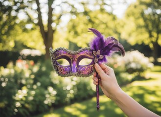 Hand Holding a Decorative Purple Masquerade Mask with Feathers in a Lush Green Garden Backdrop