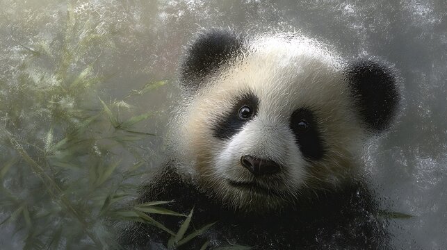 Close up of a giant panda s face seen through a blurry rain streaked window surrounded by green foliage - Powered by Adobe