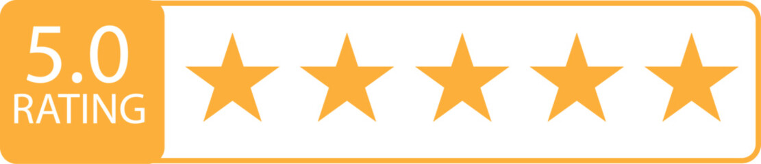 five star rating badge with 5.0 score in gold and orange design isolated on white background.