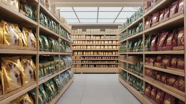 Pet Food Aisle in Supermarket, Rows of Dog Food Bags on Shelves, Retail Display, Pet Store Products, Wide Angle View.