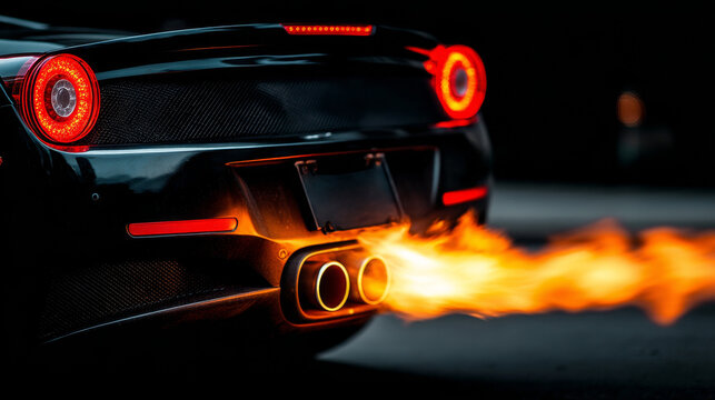 Black sports car exhausting flames at night