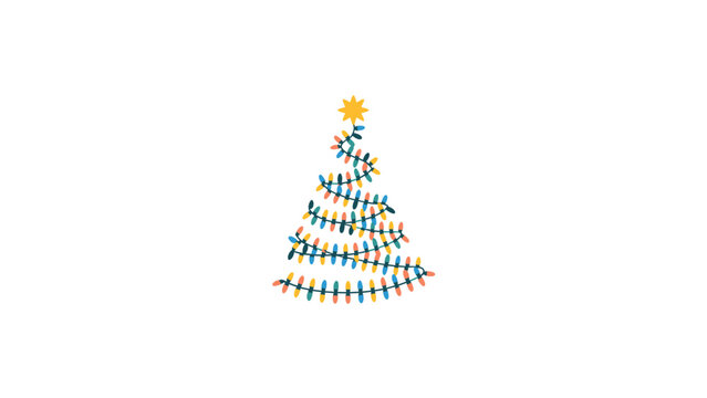 Whimsical christmas tree shape formed by colorful glowing string lights with a bright yellow star on top against a clean white background
