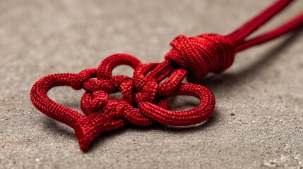 Intricate red silk cord knot shaped like two intertwined hearts on a textured surface