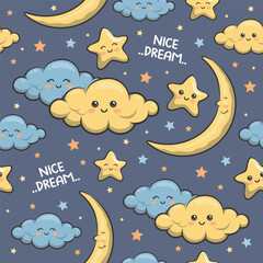 Seamless Pattern Good Night With Cute Moon, Stars, And Cloud. Have Nice Dream Background. Cartoon Illustration