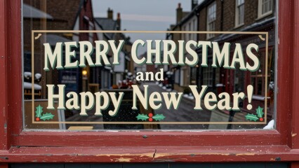 Obraz premium Festive merry Christmas and Happy New Year Message on Shop Window