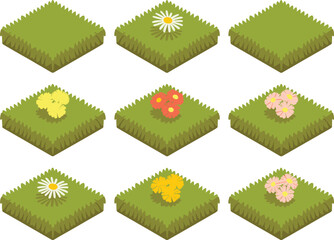 Isometric 3D grass and flower tiles collection featuring colorful blooming plants, vibrant garden elements, decorative ground blocks for landscaping design projects